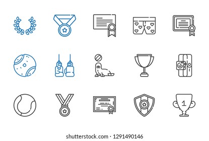 champion icons set. Collection of champion with trophy, medal, certificate, tennis, sport, seal, boxing glove, tennis ball, boxers, laurel. Editable and scalable champion icons.
