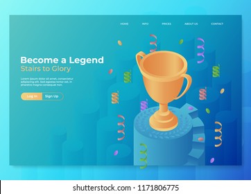 Champion landing page concept. Trophy cup on a pedestal with confetti. Isometric illustration. Sport or game victory background. Eps10 vector