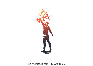 Champion, leader, winner vector concept. Woman with first prize trophey in hands. Hand drawn sketch isolated illustration