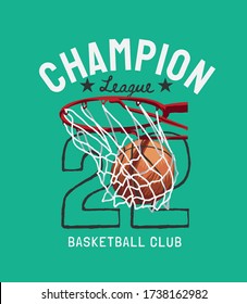 Champion League Slogan With Basketball In The Hoop Cartoon Illustration 