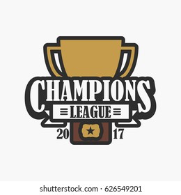 Champion league, sports logo. Design of emblem with trophy cup. Vector illustration.