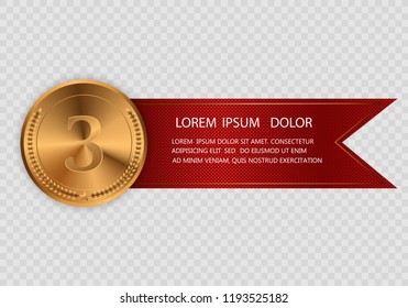 Champion medails with red ribbon. Banner. Winner award competition, prize medal and banner for text. Award medals isolated on transparent background. Vector illustration of winner concept.