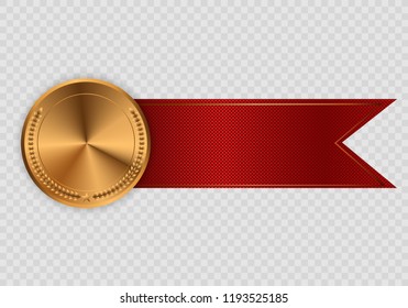 Champion medails with red ribbon. Banner. Winner award competition, prize medal and banner for text. Award medals isolated on transparent background. Vector illustration of winner concept.
