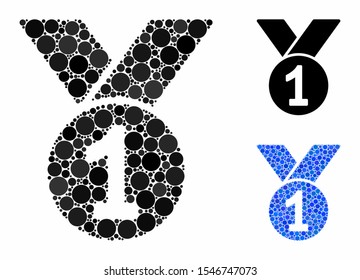 Champion medal composition of small circles in various sizes and color tinges, based on champion medal icon. Vector random circles are organized into blue composition.