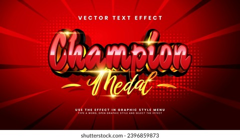 Champion medal editable text style effect. Vector text effect with an elegant red color to show strength.