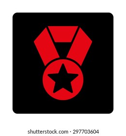 Champion medal icon from Award Buttons OverColor Set. Icon style is intensive red and black colors, flat rounded square button, white background.