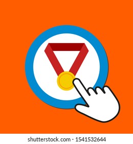 Champion medal icon. Award concept. Hand Mouse Cursor Clicks the Button. Pointer Push Press