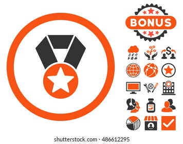 Champion Medal icon with bonus symbols. Vector illustration style is flat iconic bicolor symbols, orange and gray colors, white background.