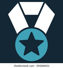 Champion medal icon from Competition & Success Bicolor Icon Set. Vector style: flat bicolor symbols, blue and white colors, rounded angles, dark blue background.