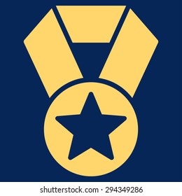 Champion medal icon from Competition & Success Bicolor Icon Set. Vector style: flat symbols, yellow color, rounded angles, blue background.