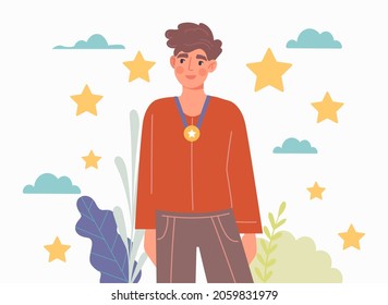 Champion with medal. Man took first place in competition and received gold. Winner stands among stars, athlete, championship, success. Cartoon flat vector illustration isolated on white background
