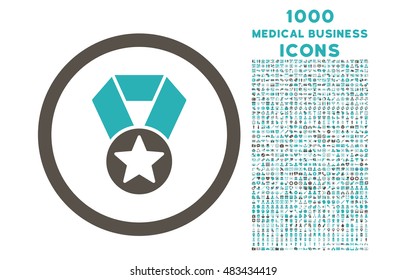 Champion Medal rounded vector bicolor icon with 1000 medical business icons. Set style is flat pictograms, grey and cyan colors, white background.