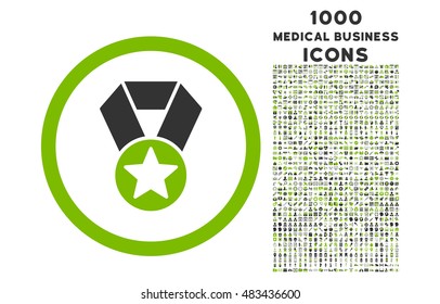 Champion Medal rounded vector bicolor icon with 1000 medical business icons. Set style is flat pictograms, eco green and gray colors, white background.