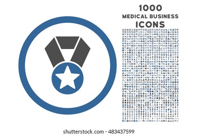 Champion Medal rounded vector bicolor icon with 1000 medical business icons. Set style is flat pictograms, cobalt and gray colors, white background.