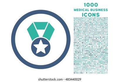 Champion Medal rounded vector bicolor icon with 1000 medical business icons. Set style is flat pictograms, cobalt and cyan colors, white background.