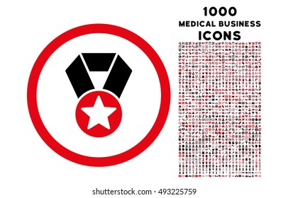 Champion Medal rounded vector bicolor icon with 1000 medical business icons. Set style is flat pictograms, intensive red and black colors, white background.