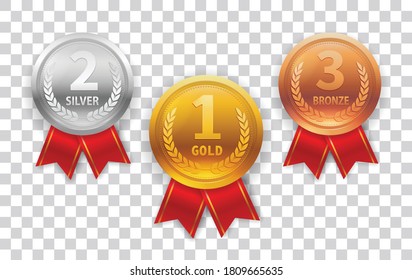 Champion Medal set. Gold, Silver and Bronze Medal with Red Ribbon Icon Sign First, Second and Third Place Isolated on Transparent Background. Vector