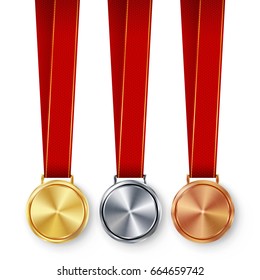 Champion Medals Blank Set Vector. Metal Realistic First, Second Third Placement Prize. Classic Empty Medals Concept. Red Ribbon, Laurel Wreath. Sport Game Golden, Silver, Bronze Achievement Template