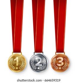 Champion Medals Set Vector. Metal Realistic First, Second Third Placement Achievement. Round Medals With Red Ribbon, Relief Detail Of Laurel Wreath. Competition Game Golden, Silver, Bronze Achievement
