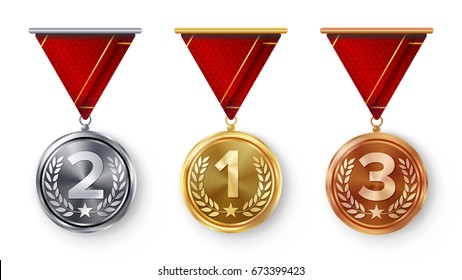 Champion Medals Set Vector. Metal Realistic First, Second Third Placement Achievement. Round Medals With Red Ribbon, Relief Detail Of Laurel Wreath, Star. Sport Game Golden, Silver, Bronze Achievement