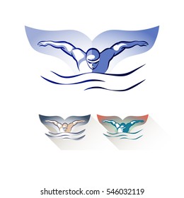 Champion. Modern Vector Abstract Swimming Logo. Pool logo set. Whale tail and swimmer concept design. Vintage colors.