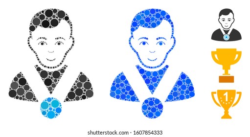 Champion mosaic of small circles in various sizes and color tinges, based on champion icon. Vector filled circles are composed into blue mosaic. Dotted champion icon in usual and blue versions.