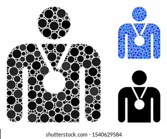 Champion mosaic of spheric dots in different sizes and shades, based on champion icon. Vector round dots are united into blue mosaic. Dotted champion icon in usual and blue versions.