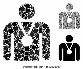 Champion mosaic of trembly pieces in variable sizes and color tinges, based on champion icon. Vector tremulant pieces are grouped into collage. Champion icons collage with dotted pattern.