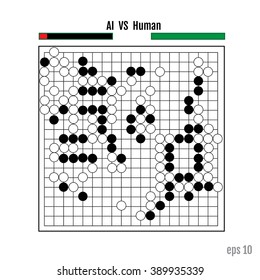 Champion on the game GO in the first beat of artificial intelligence. Black and white figures on squares. Ancient Chinese game. Vector