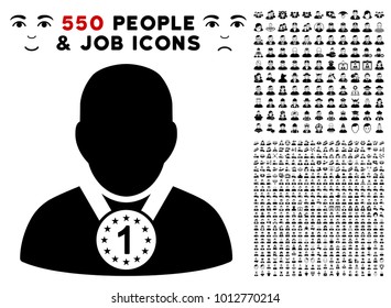 Champion pictograph with 550 bonus pity and glad person pictograms. Vector illustration style is flat black iconic symbols.