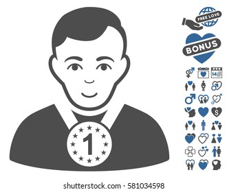 Champion pictograph with bonus decorative pictograms. Vector illustration style is flat iconic cobalt and gray symbols on white background.