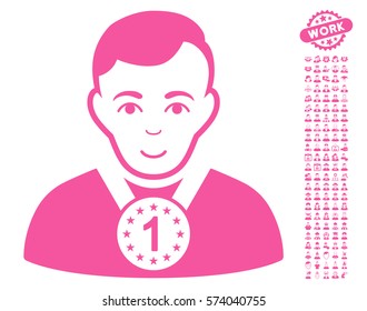 Champion pictograph with bonus human pictograph collection. Vector illustration style is flat iconic pink symbols on white background.