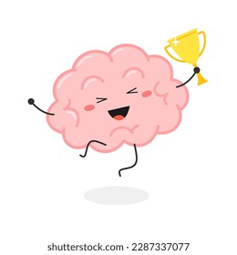 Champion pink cartoon brain character happy jumping with golden winner cup. Vector flat illustration isolated on white background