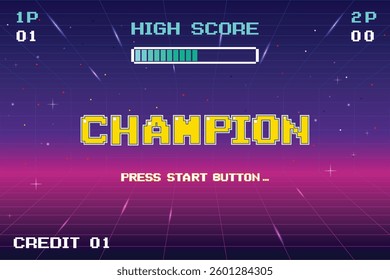 CHAMPION. pixel art .8 bit game. Retro Futurism Sci-Fi Background. glowing neon grid. and stars from vintage arcade computer games