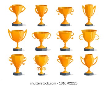 Champion prize. Champion award, sport victory, winner prize. Different shape and kind golden trophy cup vector isolated icon set. Reward goblet for first place illustration. Championship succeed