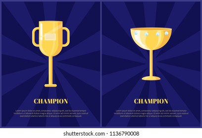 Champion prize gold cup with handle or shiny diamonds flat vector illustration. Triumph souvenir depiction on dark blue radiant background with text.