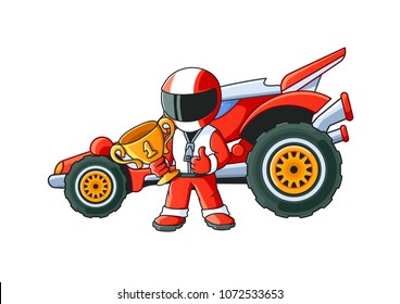 Champion Racer with a Golden Cup and His Racing Car. Coloring Book. Colored Version.