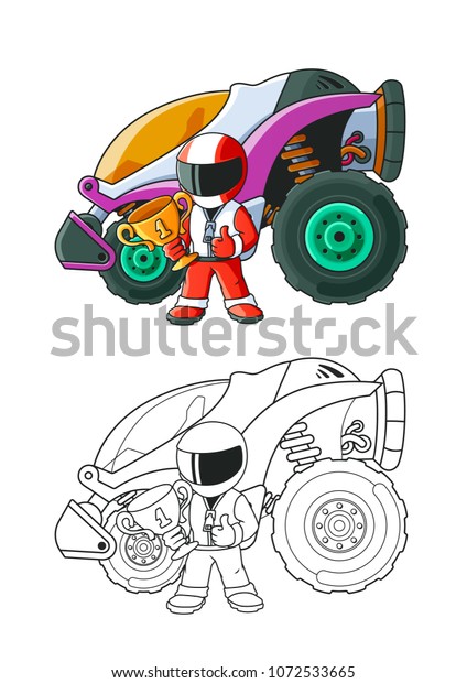 Champion Racer with a Golden Cup\
and His Racing Car. Coloring Book. Colored Version and Line\
Art.