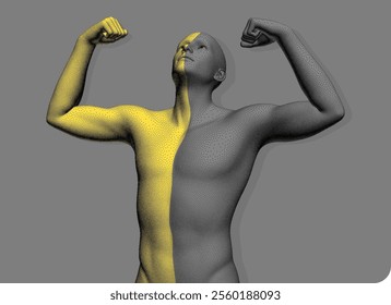 The champion raises both hands in the air like a winner. Be strong! Leadership concept or bodybuilding workout. Stipple style human model with the effect of colour separating the body into two halves.