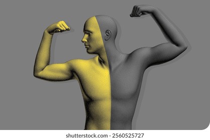 The champion raises both hands in the air like a winner. Be strong! Leadership concept or bodybuilding workout. Stipple style human model with the effect of colour separating the body into two halves.