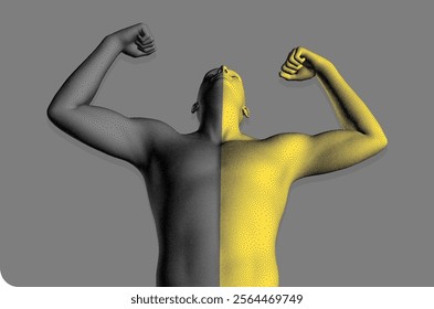 The champion raises both hands in the air like a winner. Be strong! Leadership concept or bodybuilding workout. Stipple style human model with the effect of colour separating the body into two halves.