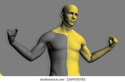 The champion raises both hands in the air like a winner. Be strong! Leadership concept or bodybuilding workout. Stipple style human model with the effect of colour separating the body into two halves.