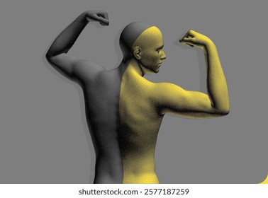 The champion raises both hands in the air like a winner. Be strong! Leadership concept or bodybuilding workout. Stipple style human model with the effect of colour separating the body into two halves.