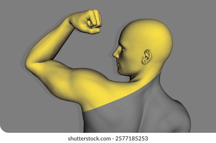 The champion raises one arm up, showing off his biceps. Be strong! Concept of leadership or bodybuilding training. The model of a person is formed of dots and divided by colour into two parts. Vector.