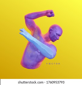 Champion raising both hands in the air as a true winner. Victory and freedom. Strong man raising hands up. Workout bodybuilding concept. Vector illustration with space for ads.