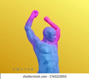 Champion raising both hands in the air as a true winner. Victory and freedom. Strong man raising hands up. Workout bodybuilding concept. Vector illustration with space for ads.