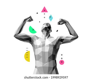 Champion raising both hands in the air as a true winner. Victory and freedom. Strong man raising hands up. Sport symbol. Leadership or workout bodybuilding concept. Vector illustration.