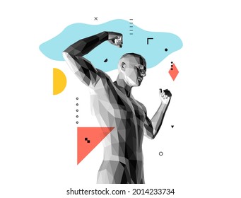 Champion raising both hands in the air as a true winner. Victory and freedom. Strong man raising hands up. Sport symbol. Leadership or workout bodybuilding concept. Vector illustration.