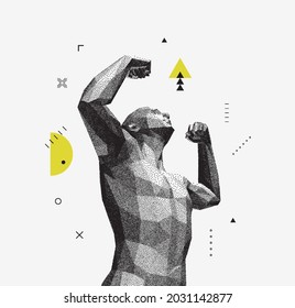 Champion raising both hands in the air as a true winner. Victory and freedom. Strong man raising hands up. Sport symbol. Leadership or workout bodybuilding concept. Vector illustration.