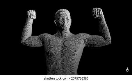 Champion raising both hands in the air as a true winner. Victory and freedom. Strong man raising hands up. Sport symbol. Leadership or workout bodybuilding concept. Voxel art. Vector illustration.
